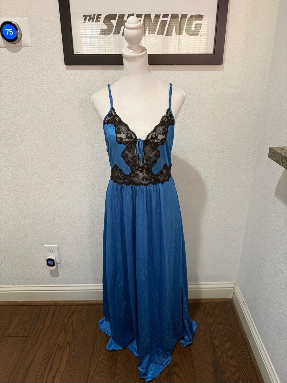 Vintage Diane Von Furstenberg Blue Maxi Slip Dress with Black Lace Trim